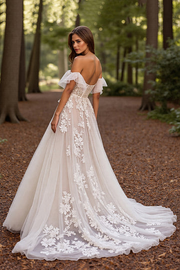 Off The Shoulder White Appliqued Wedding Dress